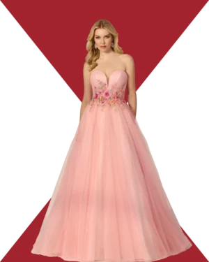 Vestido de Red Carpet-Festera rosa, con falda de princesa y escote corazón