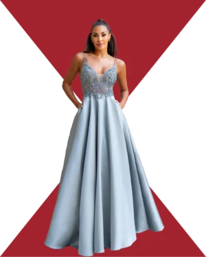 Vestido de Gala en Crepe Satinado con Cuerpo de Micro-Pedrería y Falda de Corte A