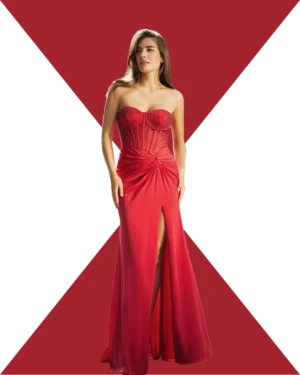 Vestido de gala rojo pasión con corsé de pedrería y falda drapeada de apertura lateral