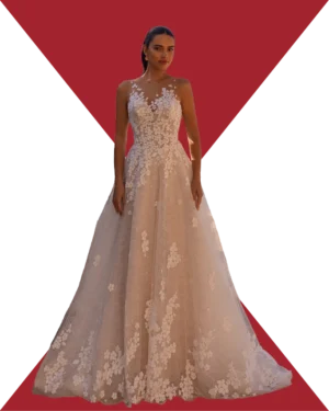 Vestido de novia silueta A con aplicaciones florales 3D y escote ilusión - IPHIRA