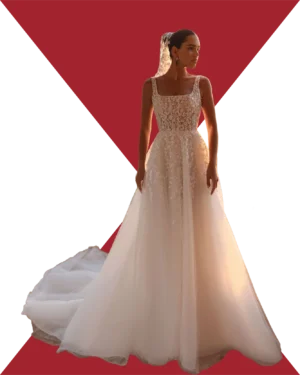 Vestido de novia silueta A con escote cuadrado y encaje-IONE