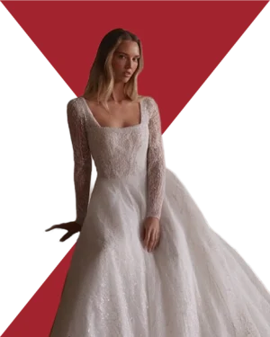 Vestido de novia de silueta A, escote cuadrado y manga larga