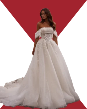 Vestido de novia princesa con corsé visible y hombros descubiertos-IESSA